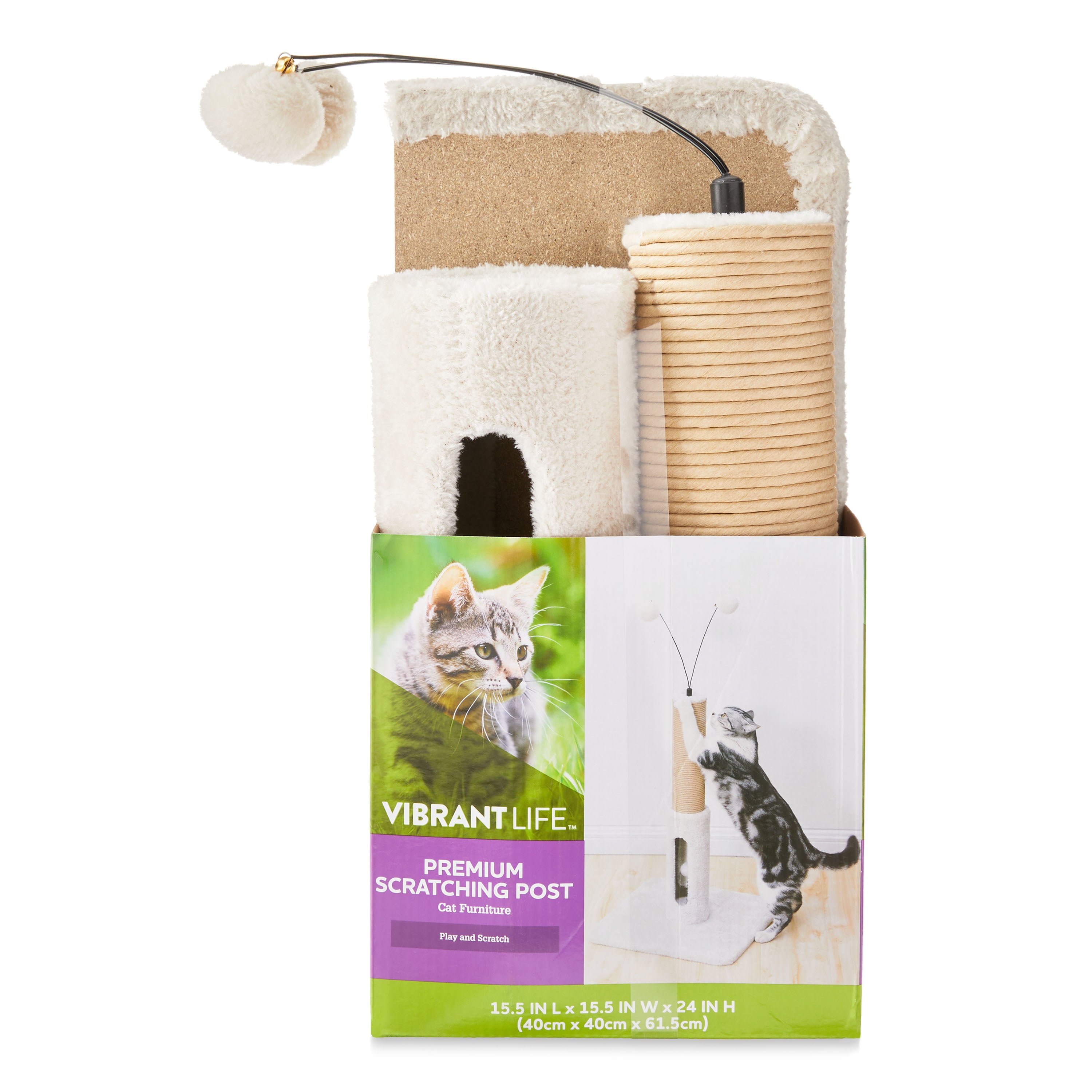 Vibrant Life Premium Paper Rope Cat Scratching Post with Ball Toy， Pack of 1