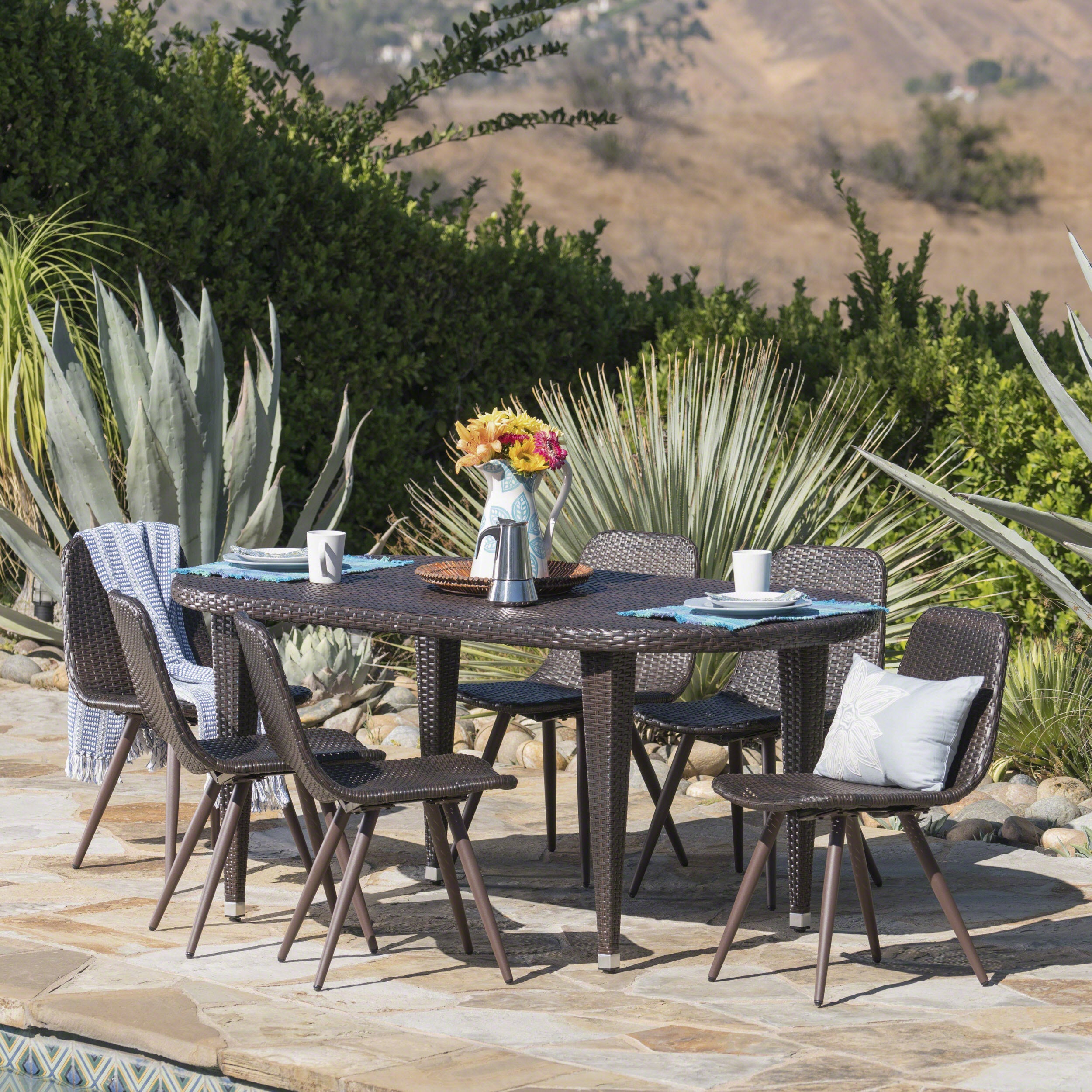 Lynda Outdoor 7 Piece Wicker Oval Dining Set with Wood Finished Legs