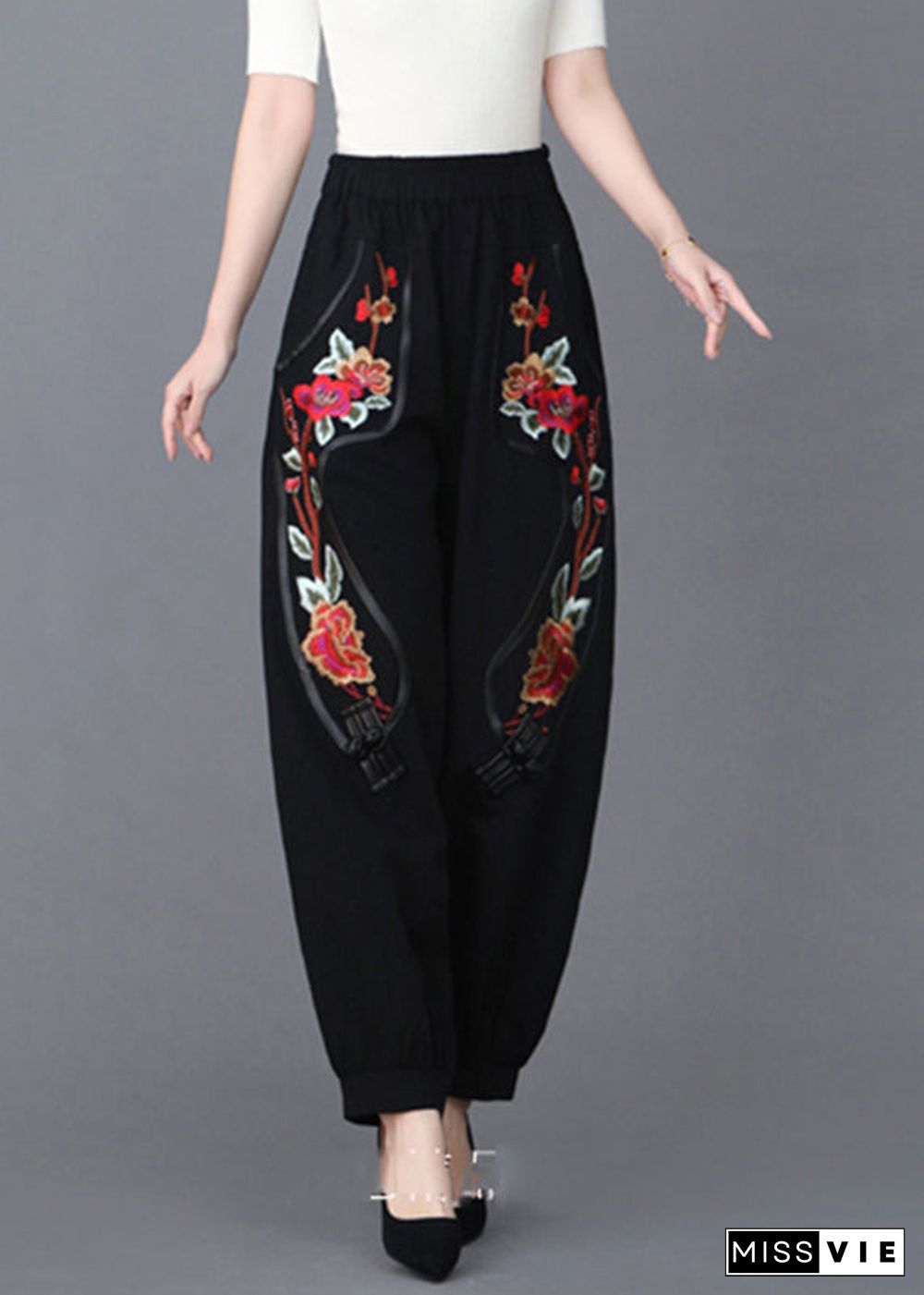 Black Pockets Elastic Waist Linen Pants Fall