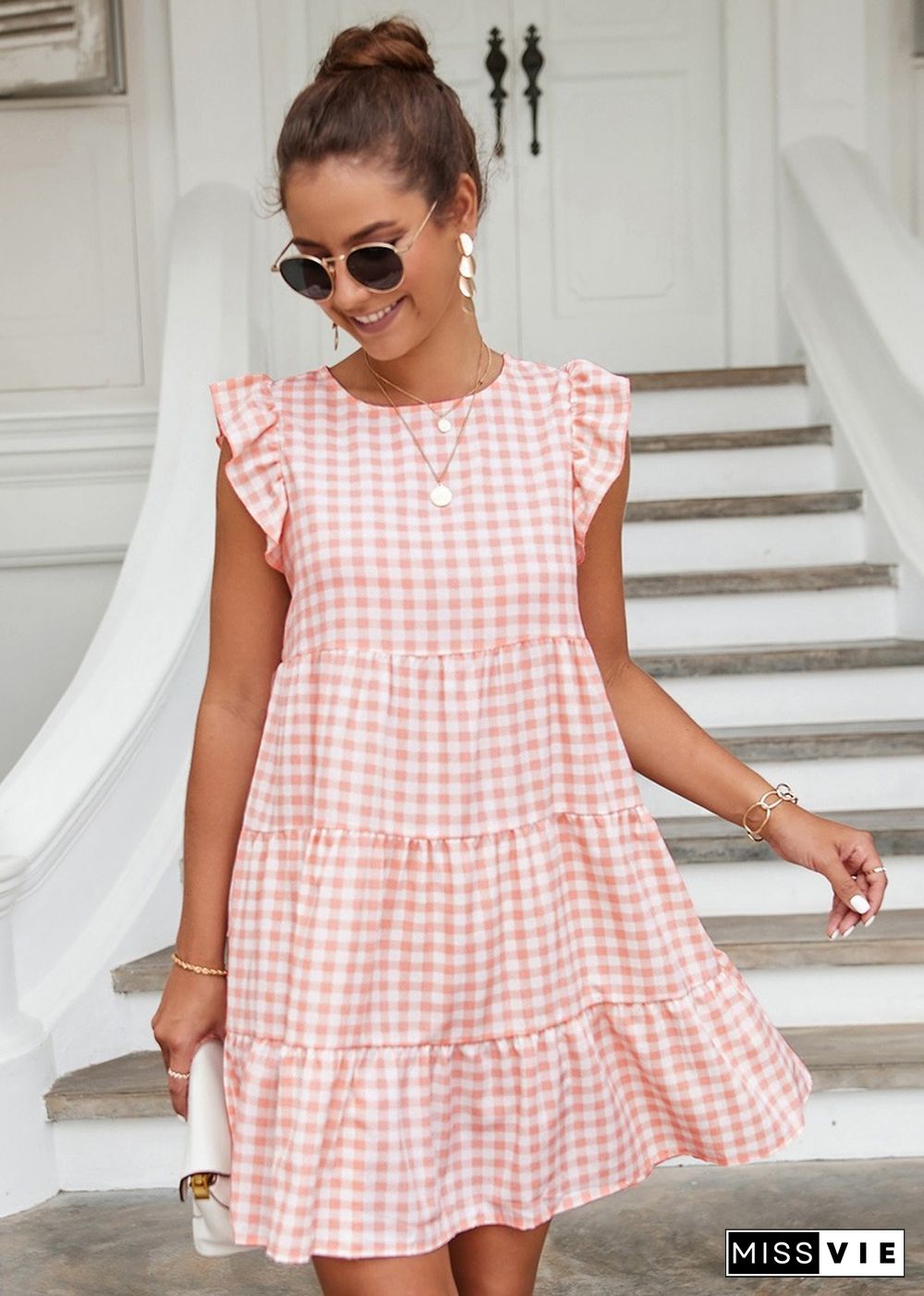 Elegant Fashion Women Summer Dress New O-neck Short Ruffle Sleeve Plaid Dress A-line Mini Dresses For Women Casual