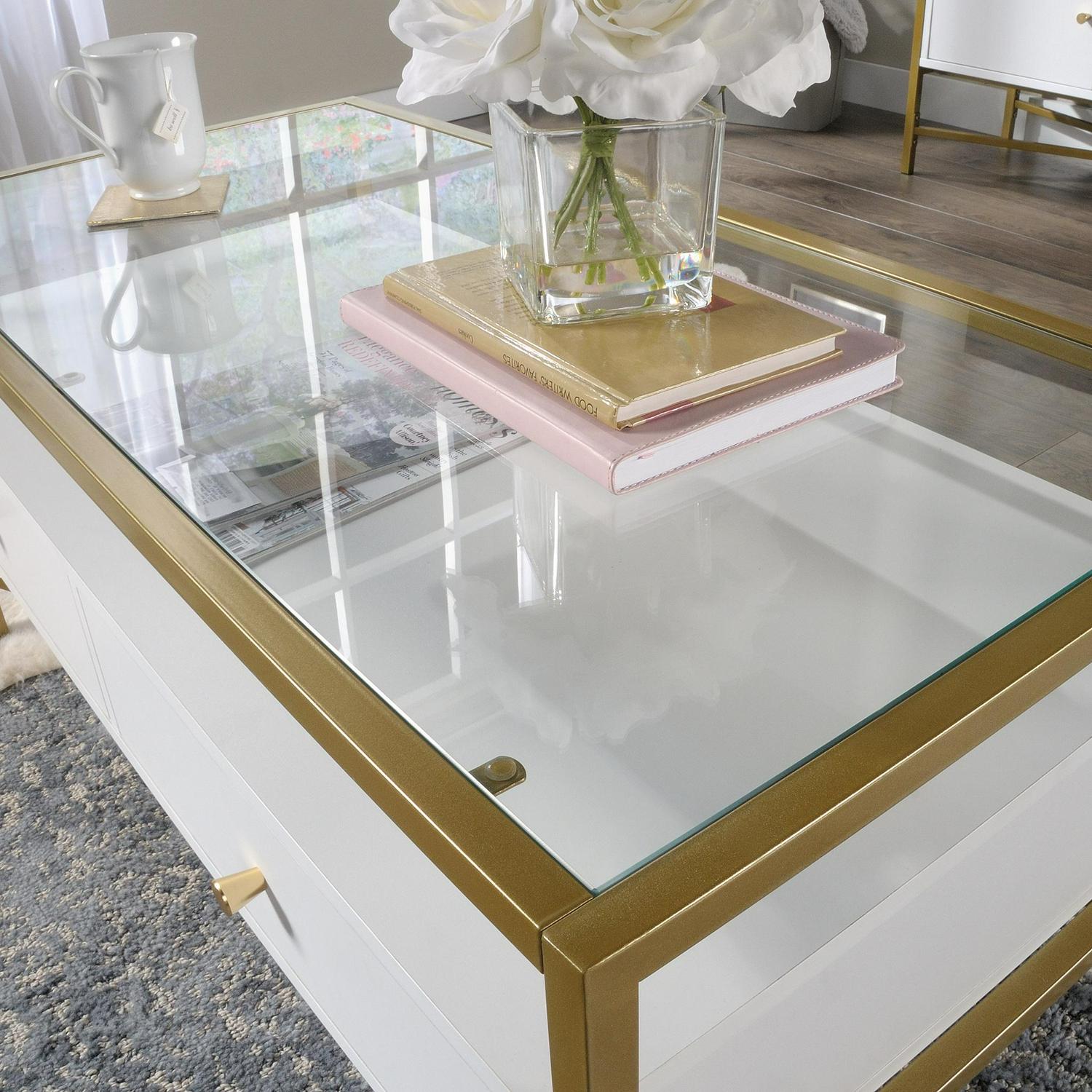 Curiod Glass Top Gold Metal Rectangular Coffee Table with Storage White Finish  Crowdfused