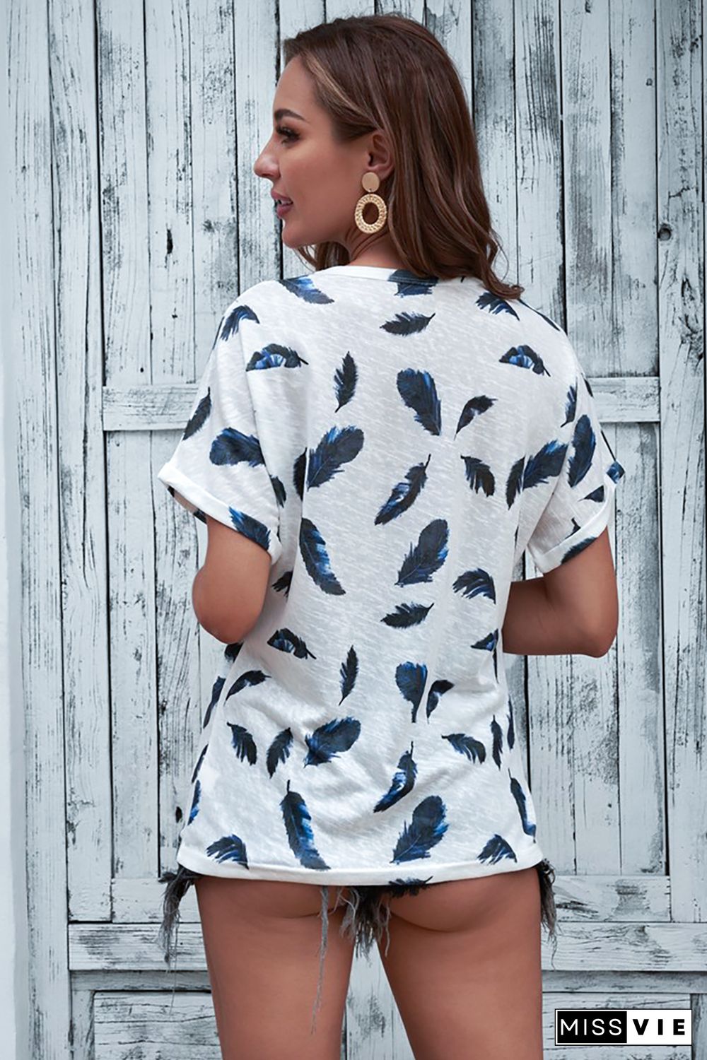 White Feather Print Short Sleeve Tee