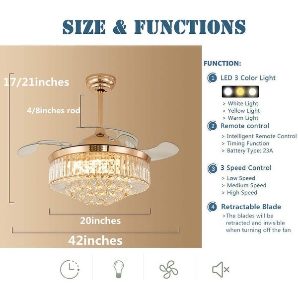 Crystal Ceiling Fan with Light Remote Control Chandelier Retractable Fandelier， Luxury 3 Color Lighting for Dining Room Shopping - The Best Deals on Ceiling Fans | 41540798