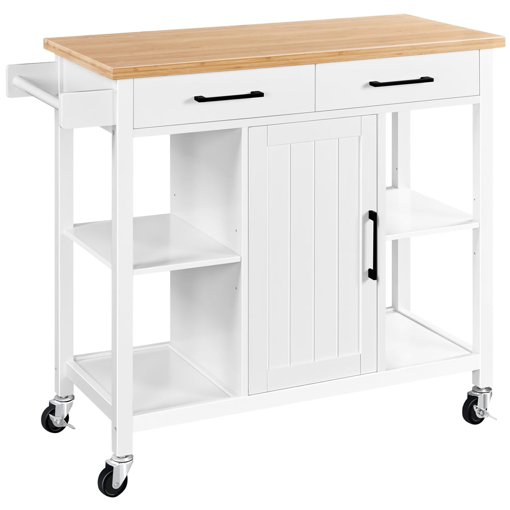 Topeakmart Mobile Kitchen Cart with Bamboo Top Kitchen Island on Wheels with Cabinet and Drawers and Towel Bar White