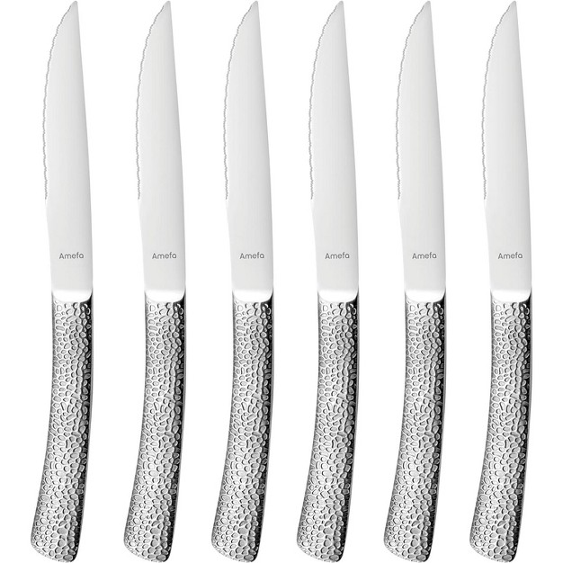 Amefa Bongo Steak Knives Set Of 6 Premium Hardened Stainless Steel Hammered Ergonomic Handle Design Micro Serrated Edge 4 Inch Blade Steak Knife