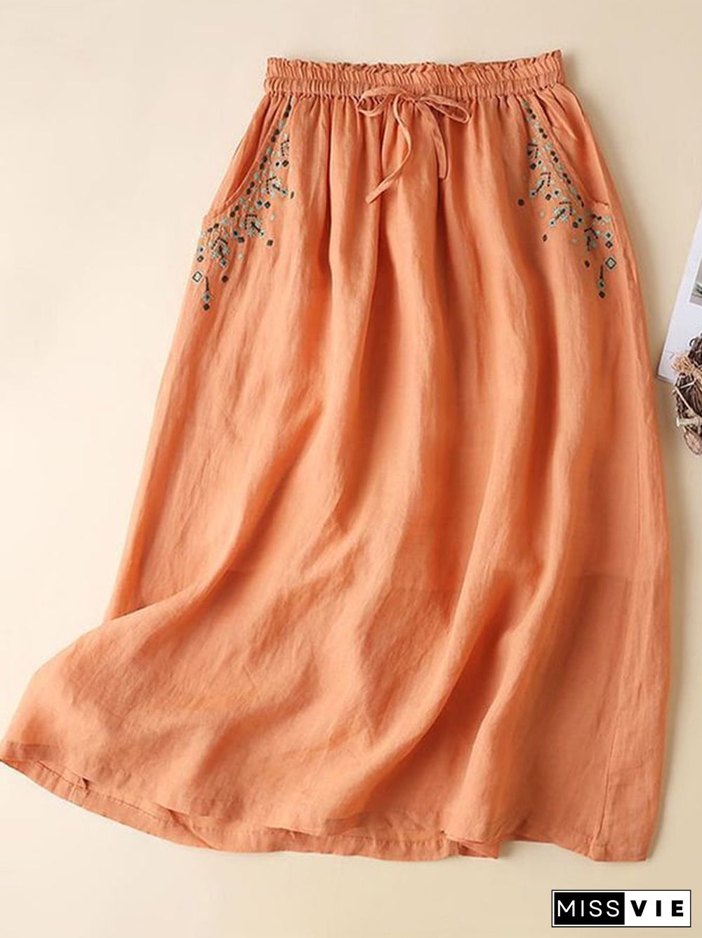 Cotton Linen Embroidered Mid-length Loose Artistic Casual Skirt