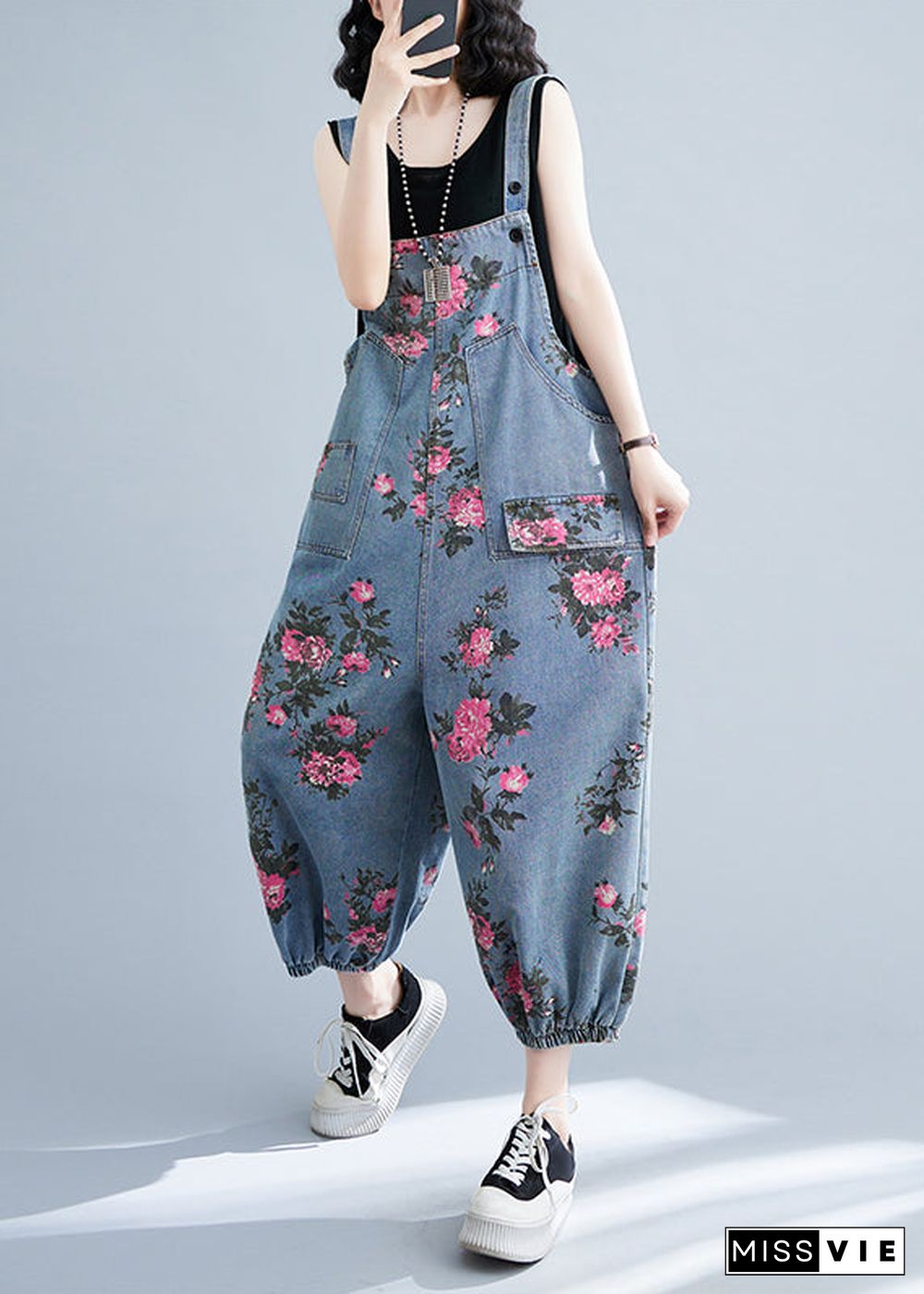 Bohemian Light Blue Oversized Print Pockets Denim Jumpsuits Summer