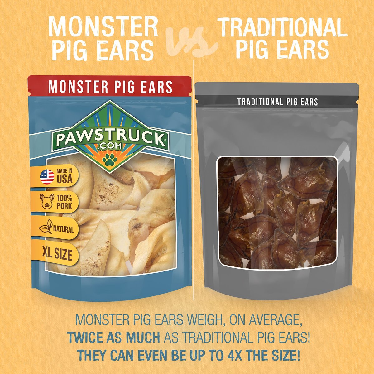 Pawstruck Monster Pig Ears Dog Treats， 4 count