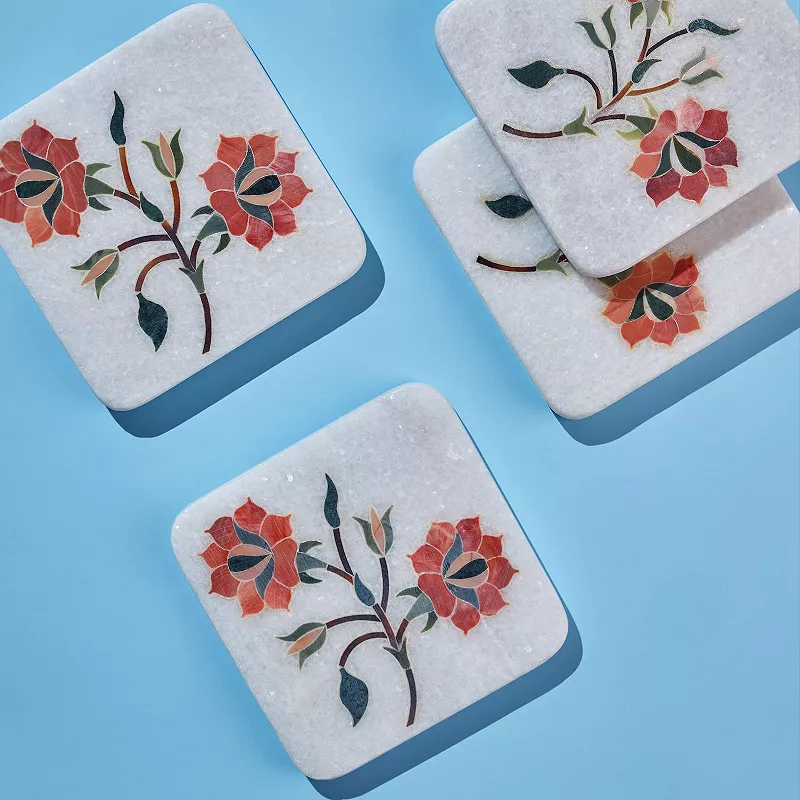 Oriental Bloom Marble Coasters， Set of 4