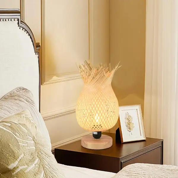 European Style Rubber Wood Table Lamp Bamboo Woven Hotel Bedside Table Lamp - s