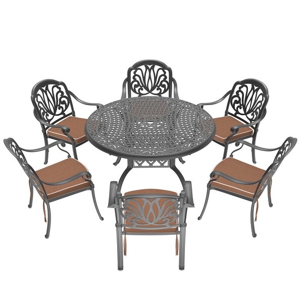 5/7Piece Cast Aluminum Outdoor Dining Set with 48.03 in. Round Table and Random Color Cushions