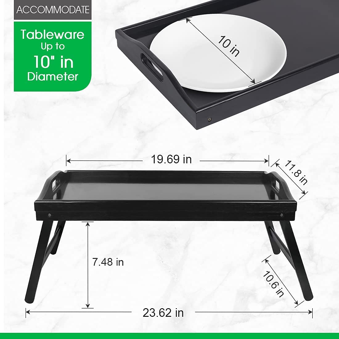 Artmalle Bed Tray Table with Folding Legs Rectangle Kitchen Breakfast Food Tray Platters Black Serving Tray Foldable TV Table,22x10. 2x9Inch