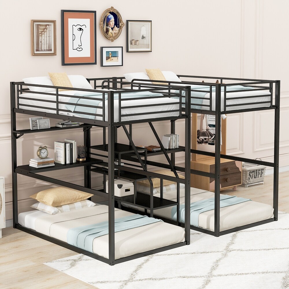 Black Metal Double Twin over Twin Bunk Bed with Two Desks  Shelves  and Storage Staircase  Space Saving  Large Storage