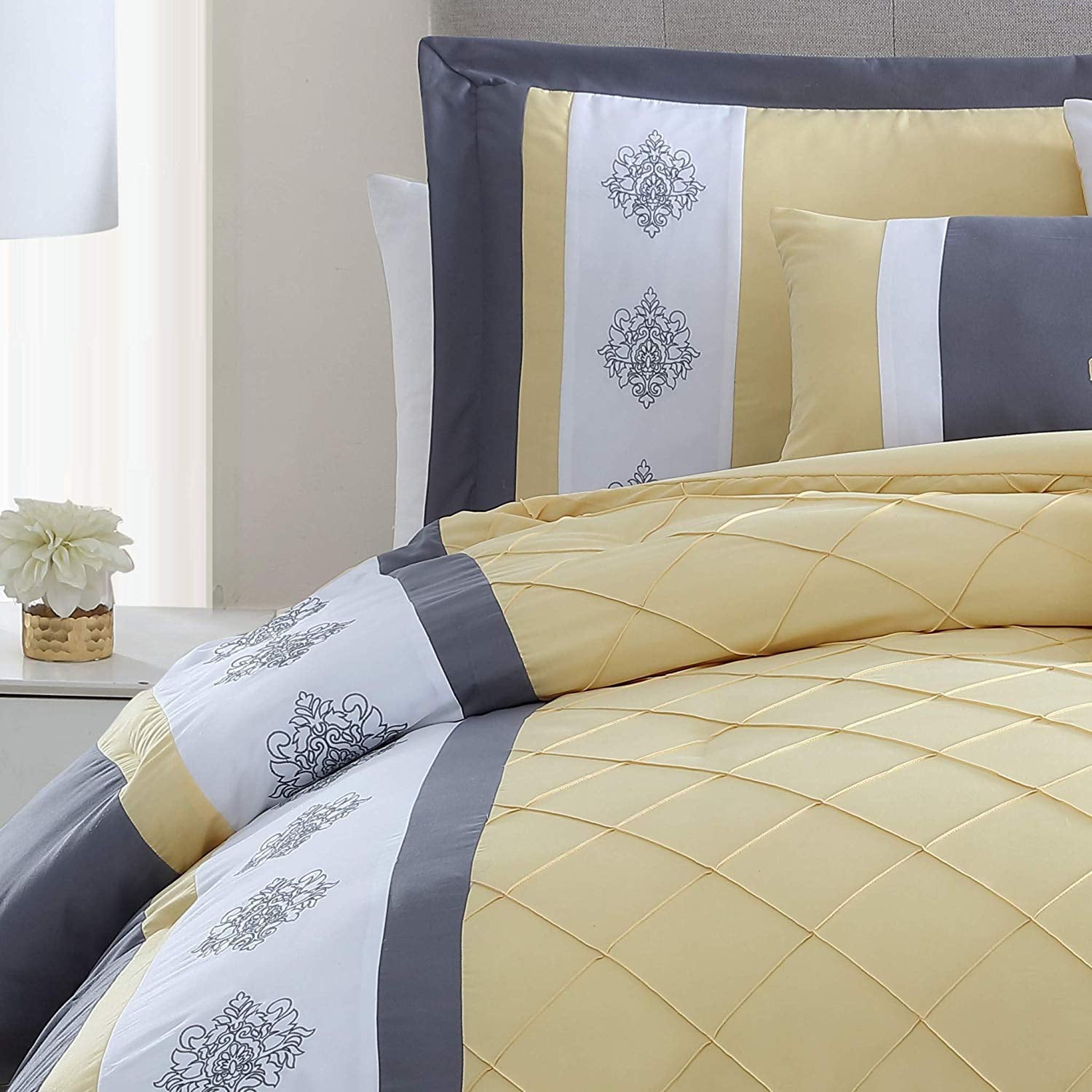 Chezmoi Collection Marion 7-Piece Medallion Embroidery Pintuck Comforter Set