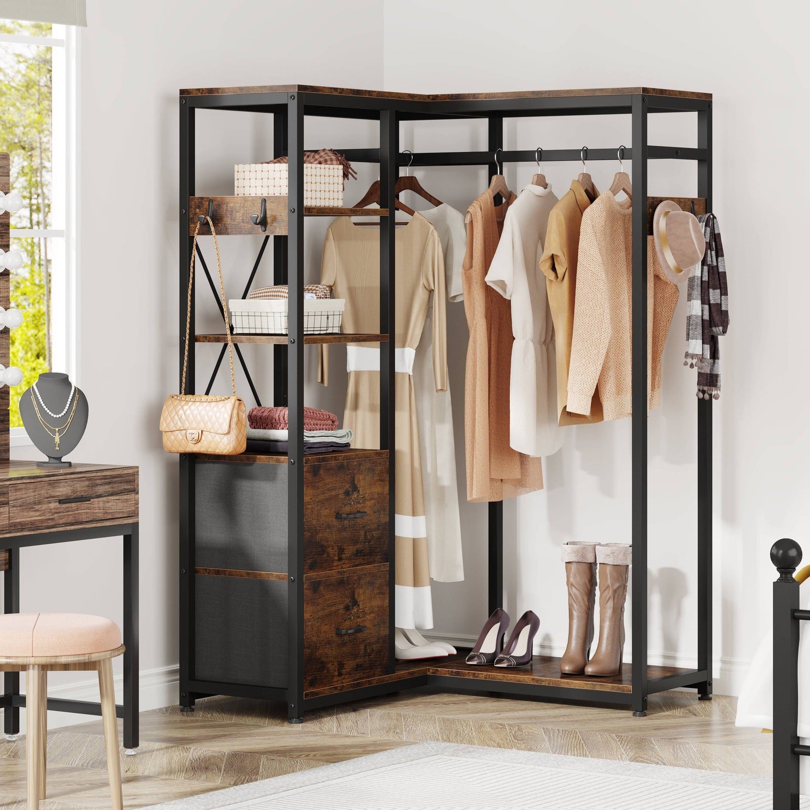 L Shaped Garment Rack with Shelves and 2 Fabric Drawers