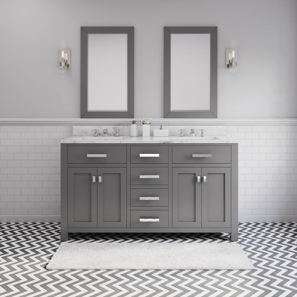 Water Creation 60 in. W x 21 in. D x 34 in. H Vanity in Cashmere Grey with Marble Vanity Top in Carrara White Madison 60G