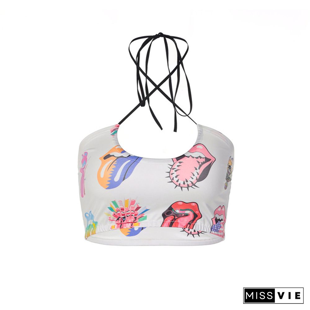 Sexy Women Halter Camisole Cartoon Funny Printing Sleeveless Backless Tie Up Slim Fit Crop Tops Aesthetic Tee