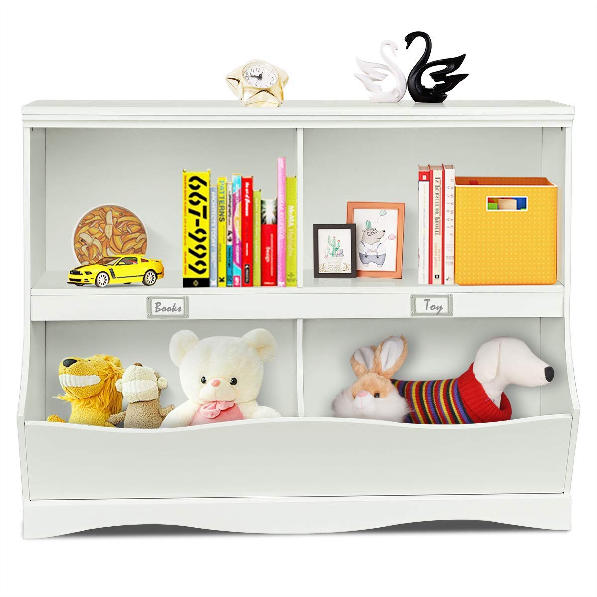 Costzon 4-Cubby Kids Bookcase with Footboard, Multi-Bin Children's Organizer Shelf with 2 Shelf and 4 Bin (White)