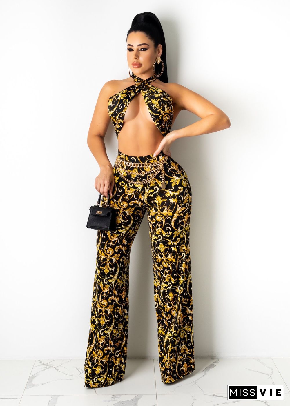 Women Sexy Printed Sleeveless Cross Wrap Halter Crop Tops Losse Wide Leg Pants Summer Two Piece Set