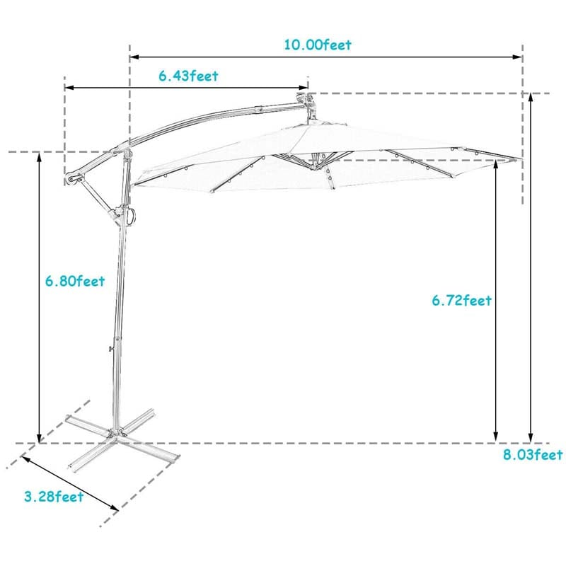 10 FT Patio Offset Umbrella with Solar Lights 360° Rotation Outdoor Market Umbrella with Crank Handle & Cross Base