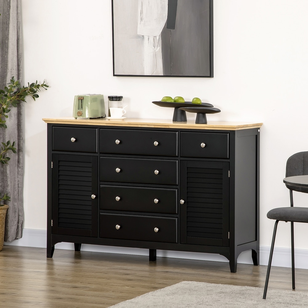 HOMCOM Modern Sideboard with Drawers  Buffet Cabinet with Storage Cabinets  Rubberwood Top and Adjustable Shelves  White