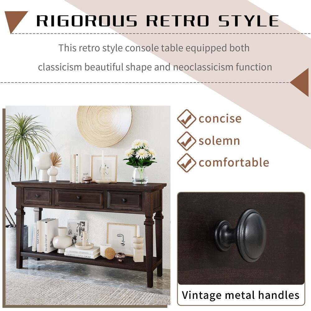 Classic Retro Style Console Table With Three Top Drawers And Open Style Bottom Shelf  Easy Assembly