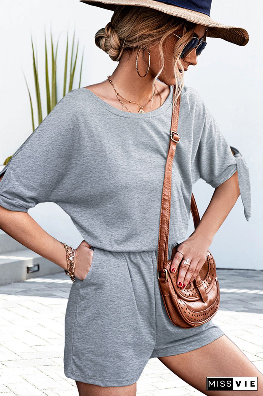 Plain Round Neck Tie Sleeves Drawstring Romper