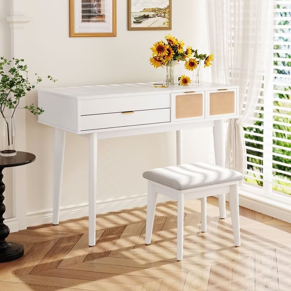 Makeup Vanity Set with Flip top Mirror and Stool  Wood Dressing Table