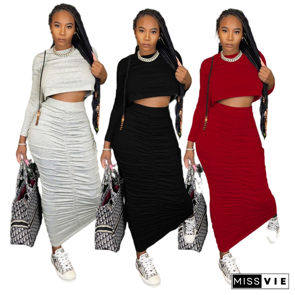 Long Sleeve Crop Top Pleated Ruched Skirts Set