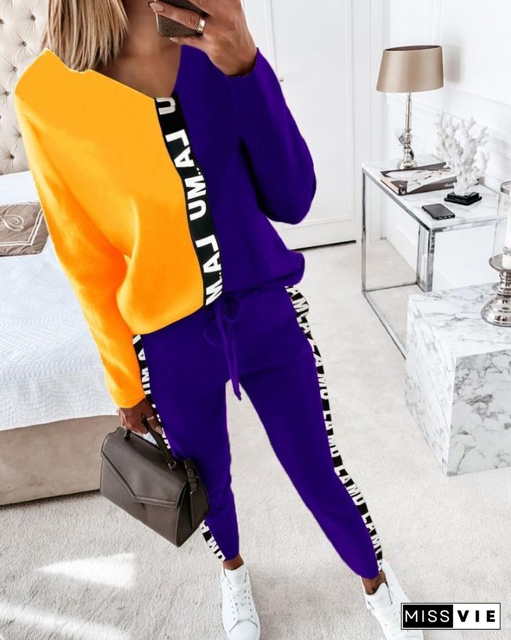 Letter Print Colorblock Long Sleeve Top & Drawstring Pants Set P13210