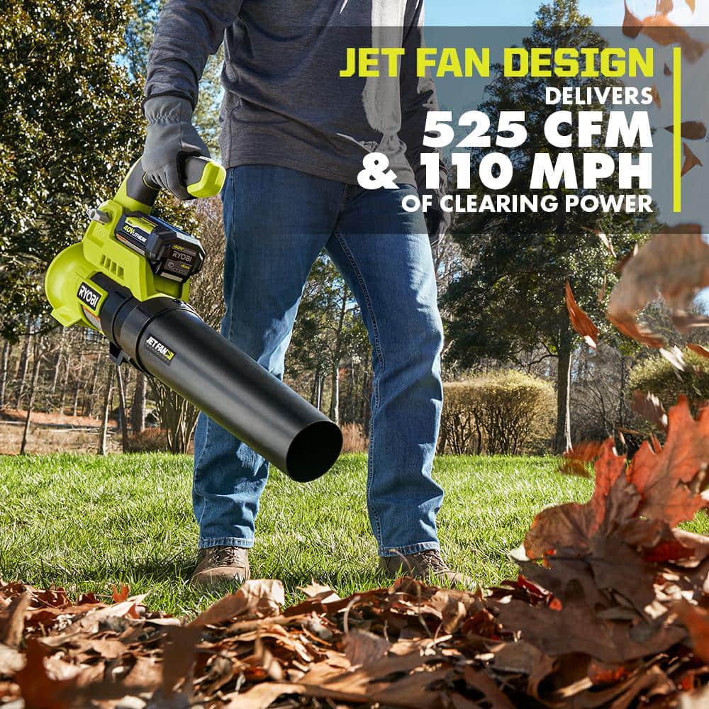 RYOBI 40V 110 MPH 525 CFM Cordless Battery VariableSpeed Jet Fan Leaf Blower with 40 Ah Battery and Charger