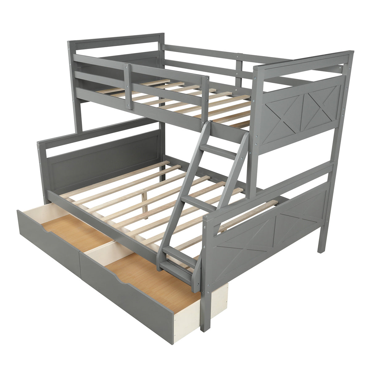 Twin Over Full Bunk Bed with Two Storage Drawers, Pine Wood Bed Frame and Guardrails and Ladder for Kids and Teens Trundle, Grey