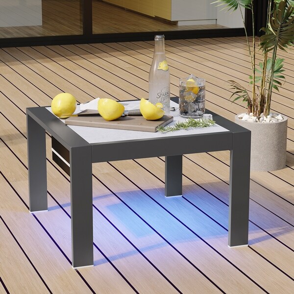 Aluminum Outdoor Side Table with LED Light and Marble Pattern Aluminum Table Top 23.6'' W X '23.6' L