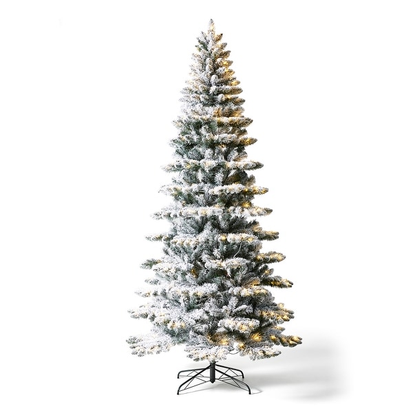 Glitzhome 7.5ft/9ft PreLit Flocked Slim Spruce Artificial Christmas Tree with Warm White Lights