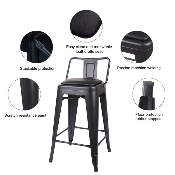 24 Inch Counter Height Low Back Metal Stools with Vegan Leather Seat， Black， Set of 2