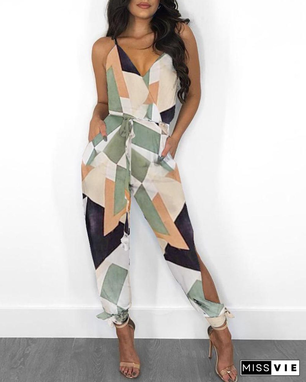 Colorblock Tied Pocket Front Casual Jumpsuit