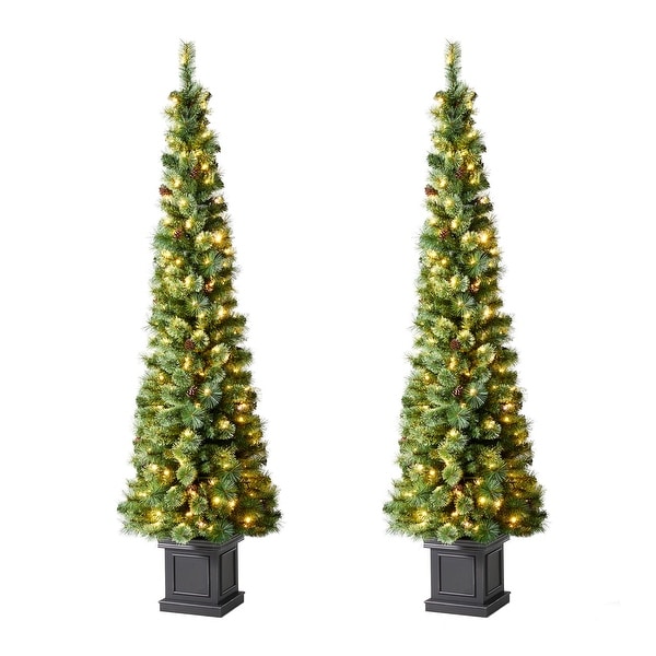 Glitzhome 7ft PreLit Slim Pine Christmas Potted Porch Trees With 200 LED Lights