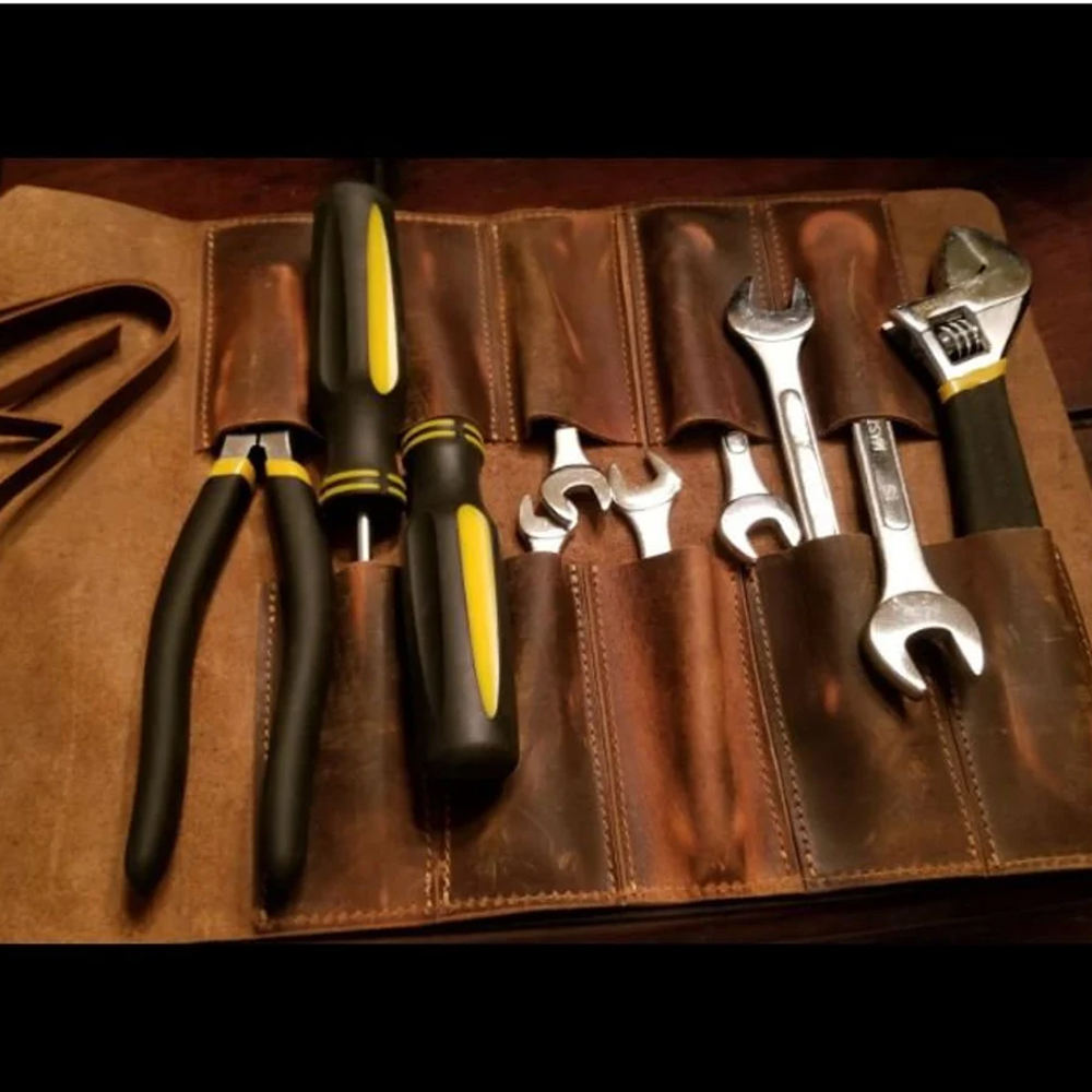 Leather Tool Roll Up Brown Wrenches Roll Chisel Bag Woodworking Carving Tools Gifts for Motorbike Christmas Gift