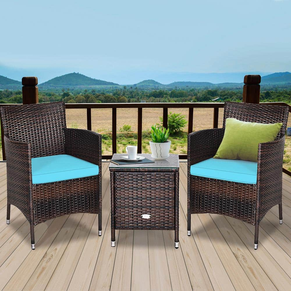 Gymax 3-Pieces Patio Outdoor Rattan Wicker Furniture Set with Coffee Table Turquoise Cushioned Chairs GYM04601