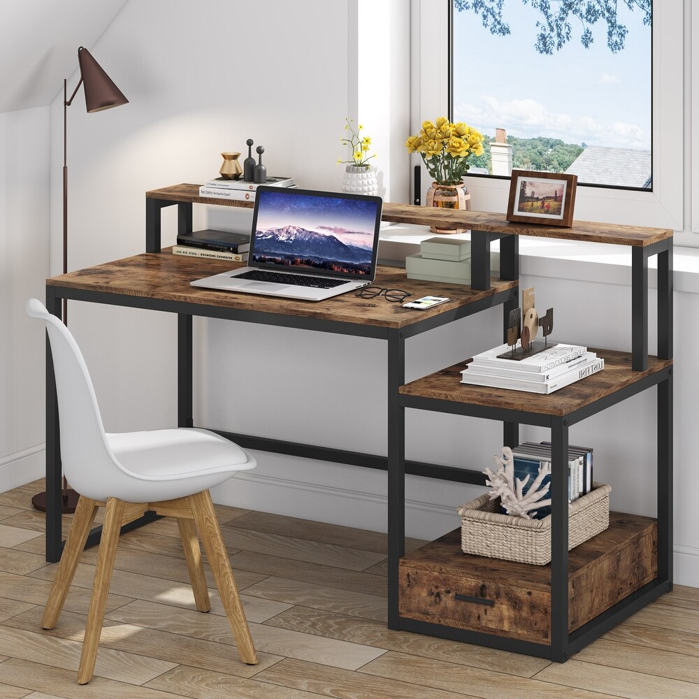 59 Inches Computer Desk with File Drawer and Storage Shelves