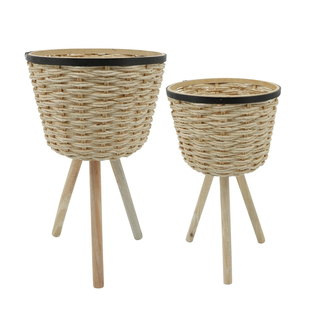 Natural Bamboo Wicker Planters on Solid Wood Tripod Legs (Set of 2)   13.0\