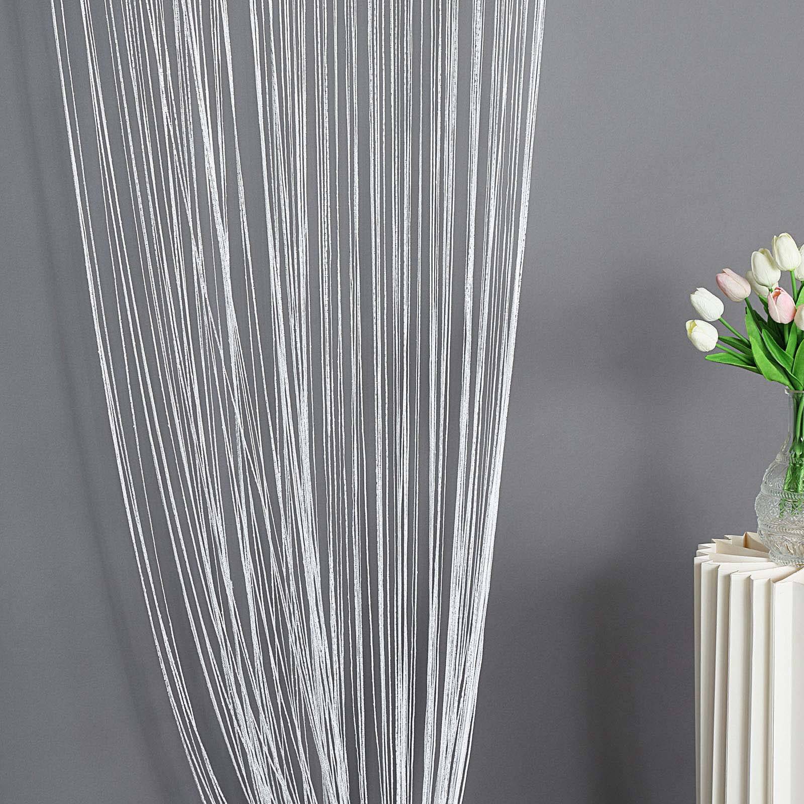 White/Silver Silk Tassel String Curtains, Decorative Room Divider Panels 3ftx8ft