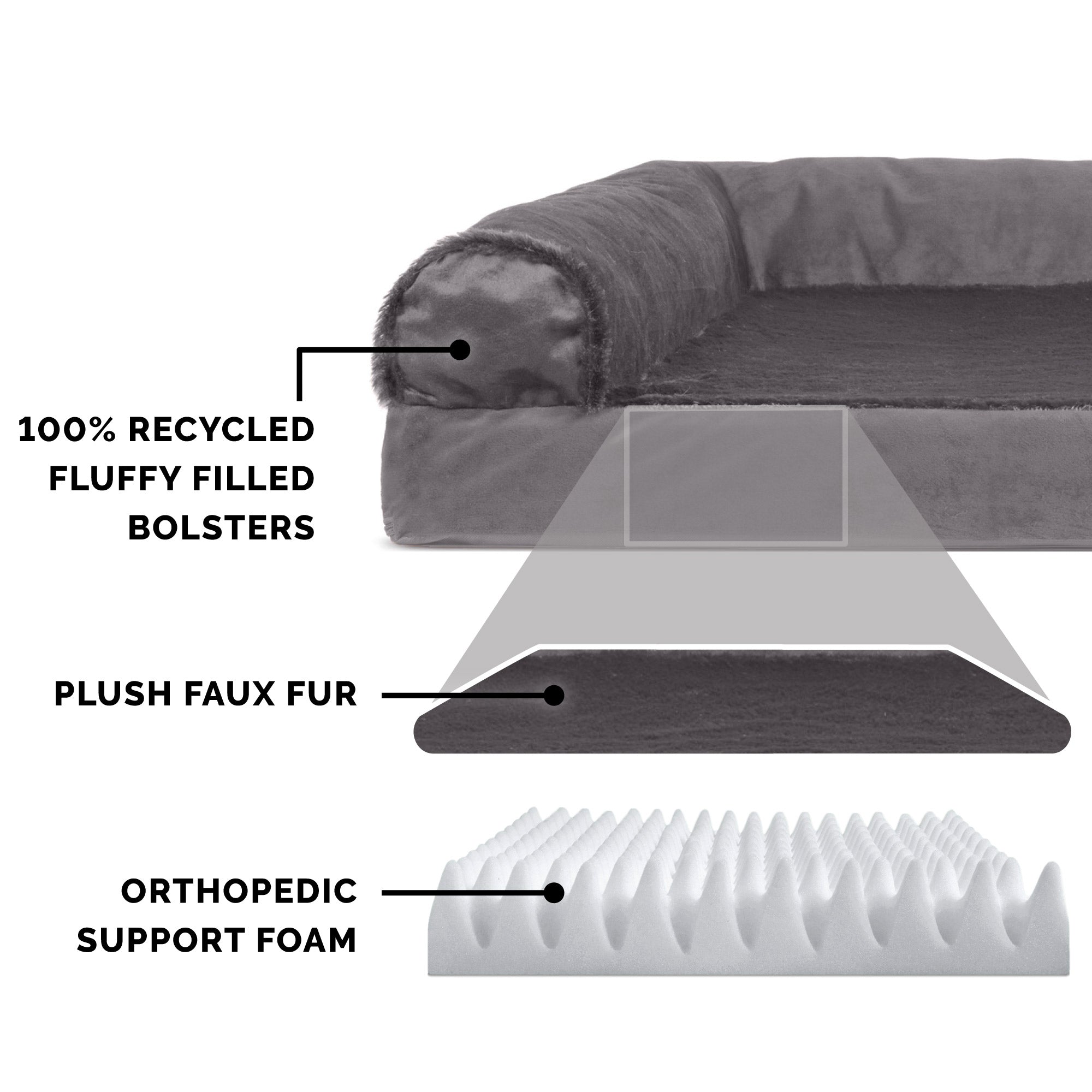 FurHaven Pet Products | Deluxe Orthopedic Plush and Velvet L-Shaped Chaise Couch Pet Bed for Dogs and Cats， Platinum Gray， Large