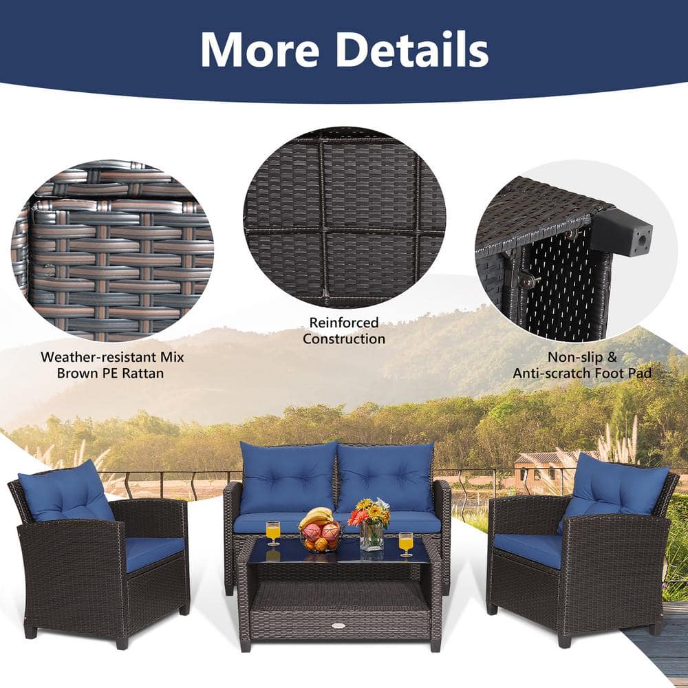 Costway 4 -Piece Patio Rattan Furniture Set Glass Table Shelf Sofa Cushion Navy HW66742NY+