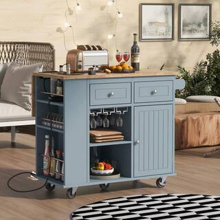 Runesay Gray Blue Rubberwood Folding Cable Countertop 39.8 in. W Kitchen Island Cart with Wine Rack and Side Shelf Compartment KIGYBE5567203