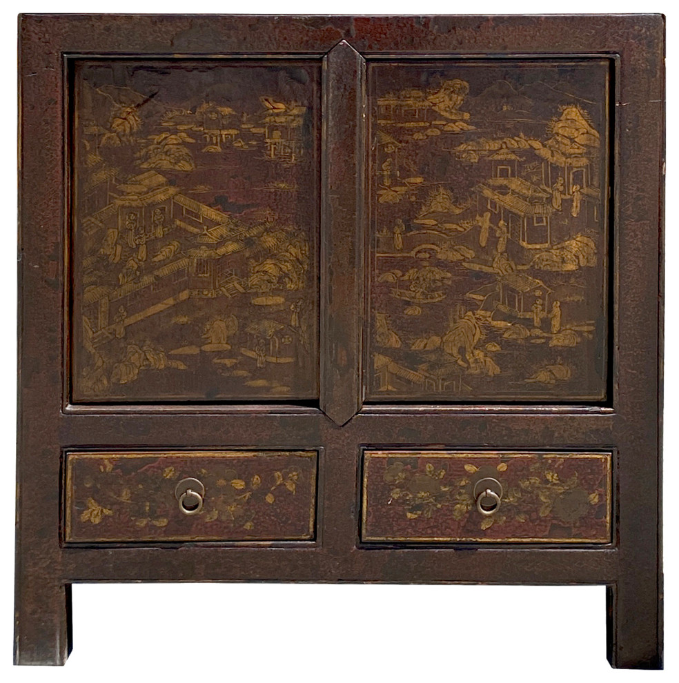 Distressed Brown Golden Nature Mountain Scenery Side Table Cabinet Hcs6140   Asian   Side Tables And End Tables   by Golden Lotus Antiques  Houzz