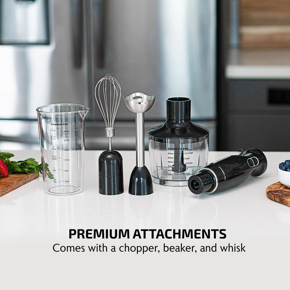 OVENTE Ultra-Stick 2-Speed Black Hand Immersion Blender Set with Whisk+Beaker+Chopper HS565B