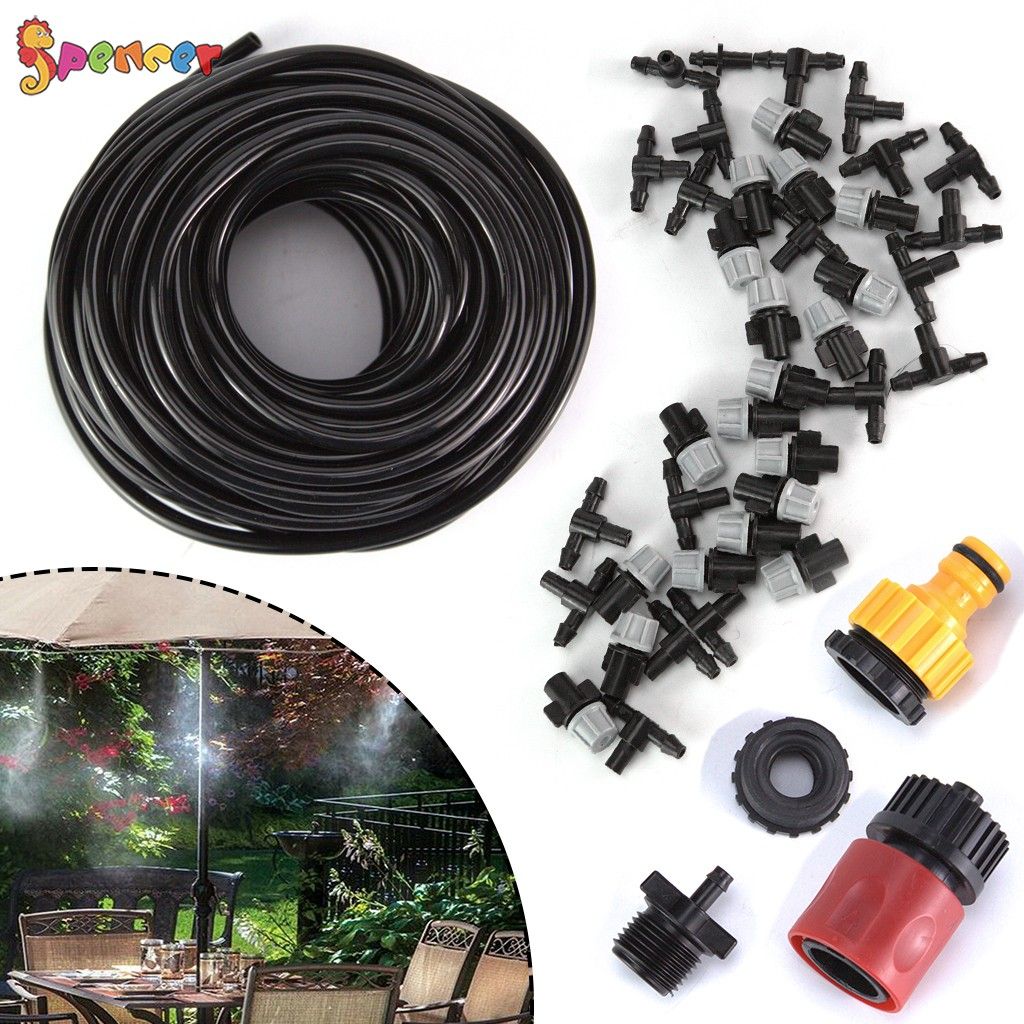 Spencer Water Misting Cooling System 15M/49FT Misting Line Mist Nozzle Faucet Connector Patio Water Mister for Garden Yard Lawn Trampoline 