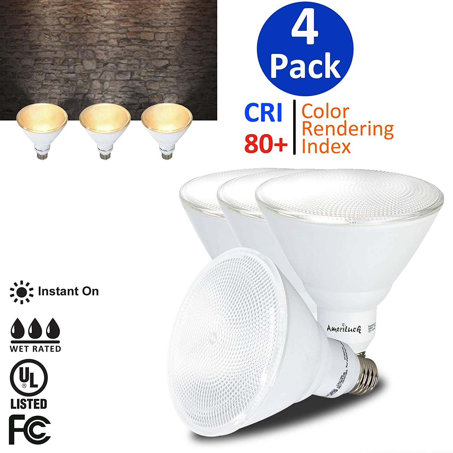 AmeriLuck 4 Pack PAR38 LED Flood Light Bulb 13W=90W 5000K Daylight Indoor/Outdoor， Non-Dimmable， 900Lumens