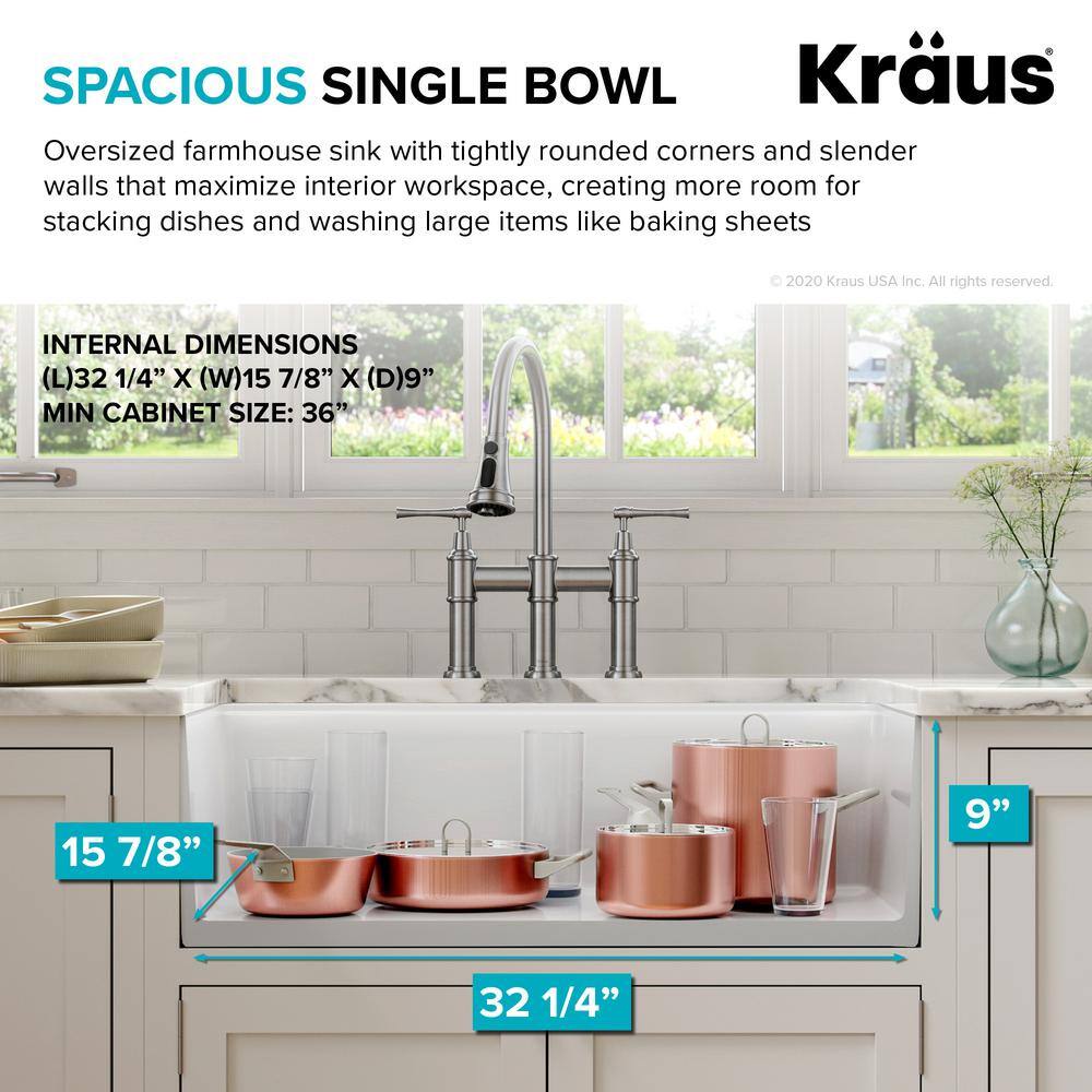 KRAUS Turino Gloss White Fireclay 33 in. Single Bowl Farmhouse Apron Workstation Kitchen Sink with Accessories KFR4-33GWH